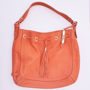 Cole Haan Orange Leather Drawstring Saddle Hobo Bag Tassel Accents